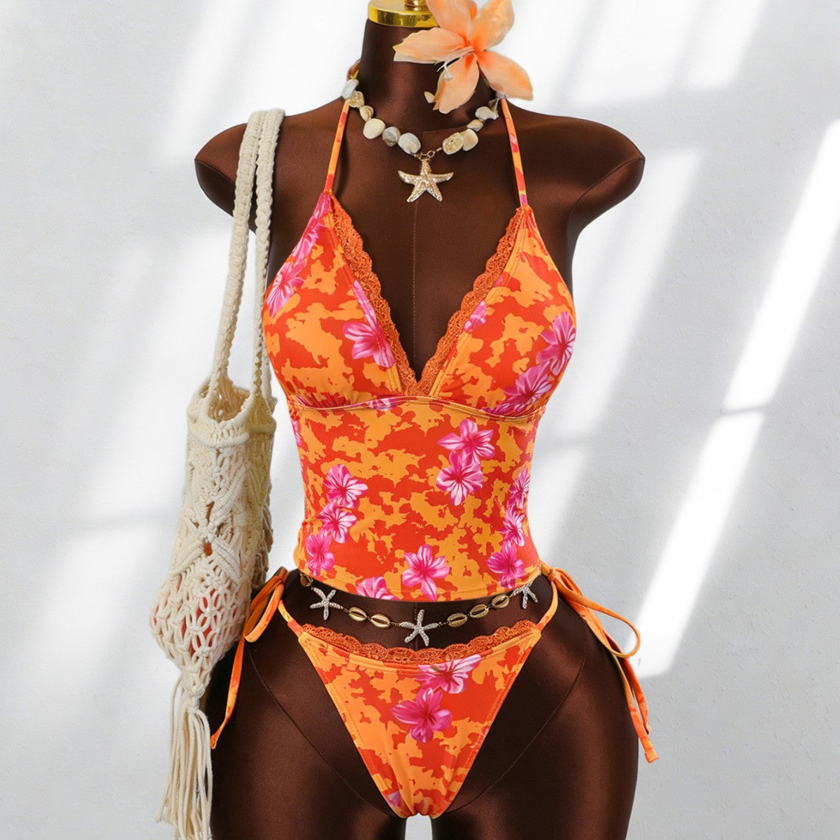 Orange printed lace border strap sexy split vacation bikini swimsuit
