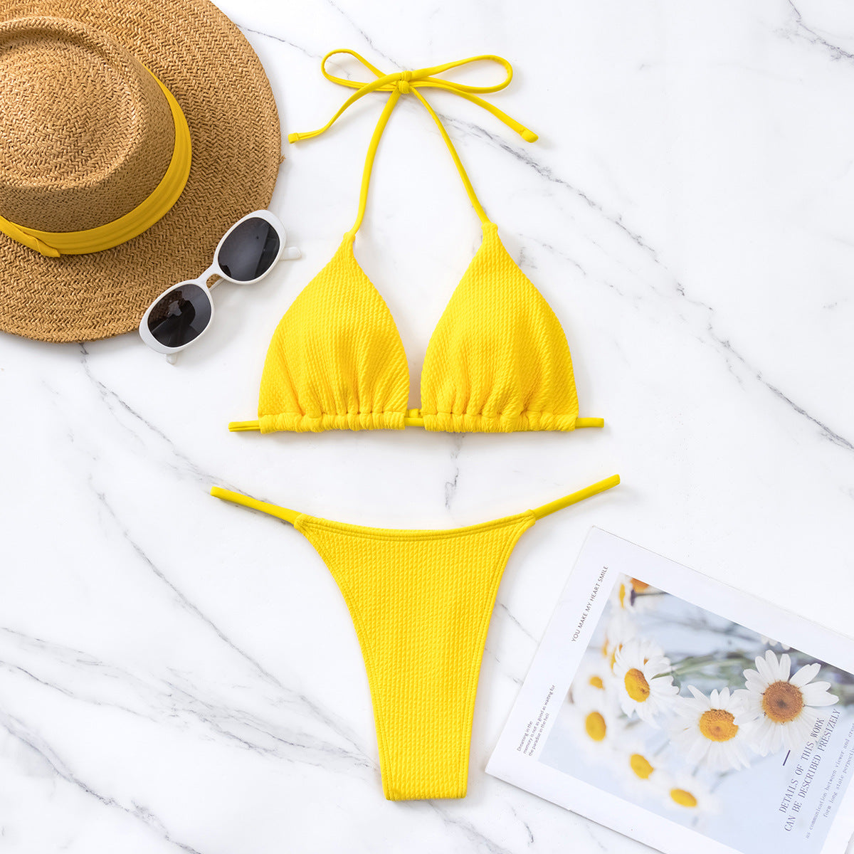 Threaded fabric solid color triangular cup lace up sexy bikini swimsuit for women