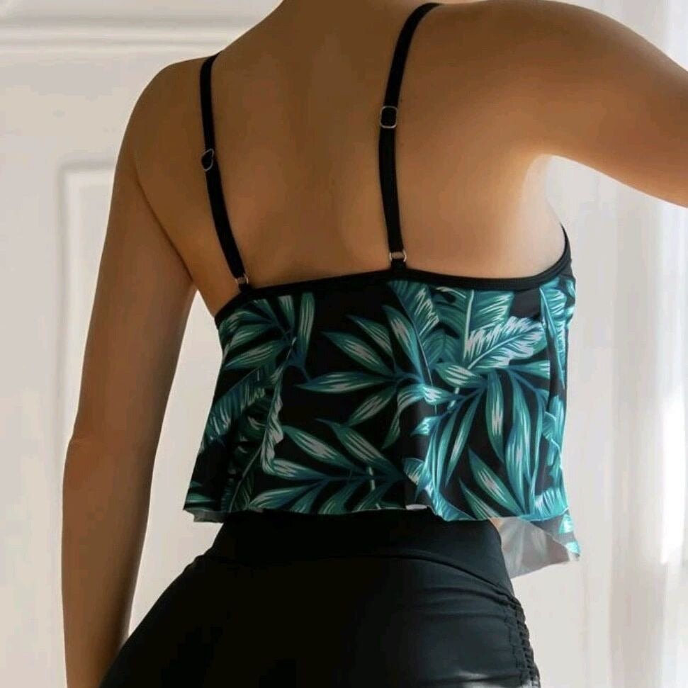 Split high waisted ruffled edge drawstring bikini swimsuit