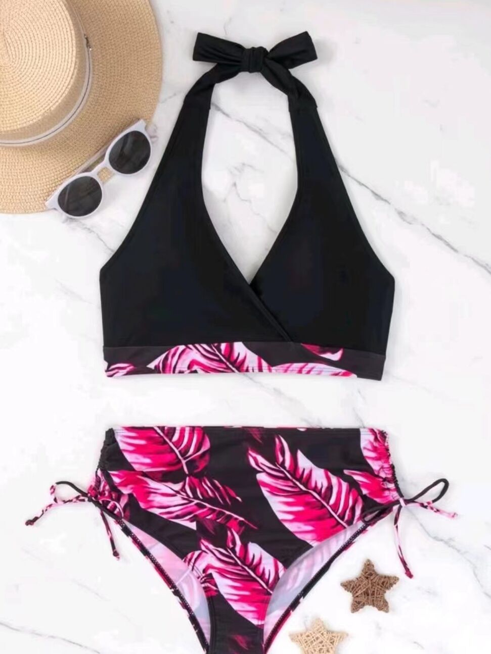 Split neck high waist backless bikini swimsuit for women