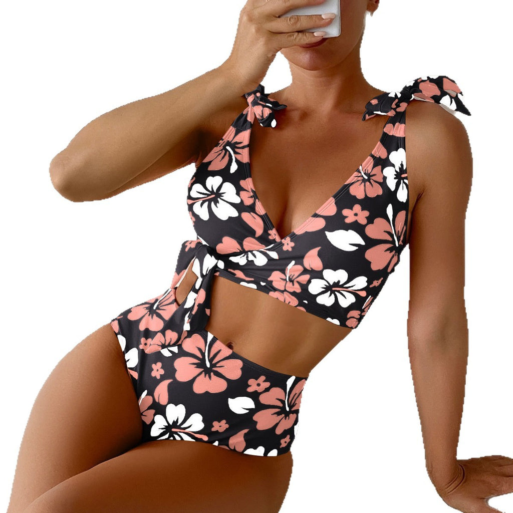 Cross tie printed backless high waisted sexy bikini split swimsuit for women