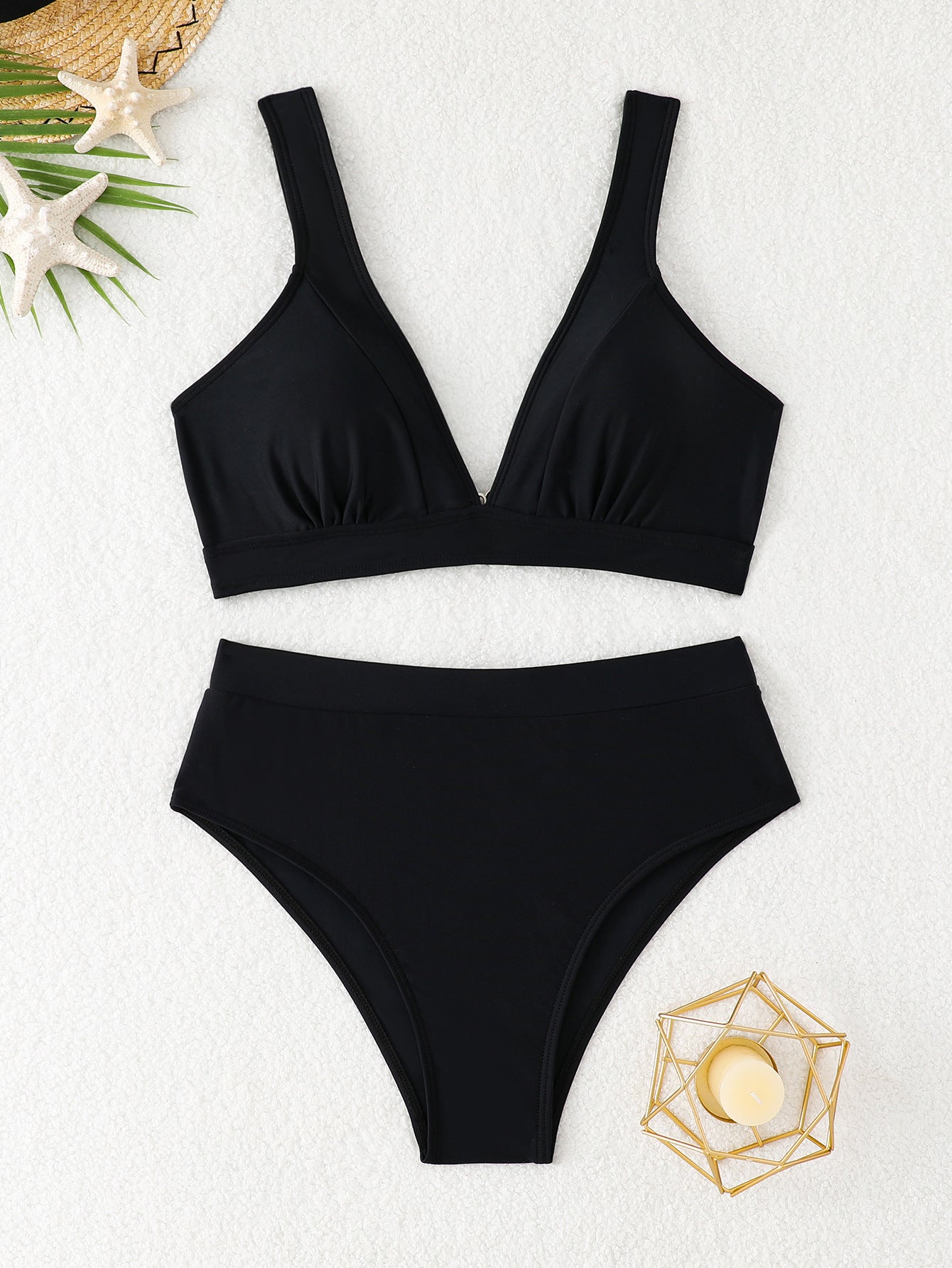 Split high waisted solid color bikini