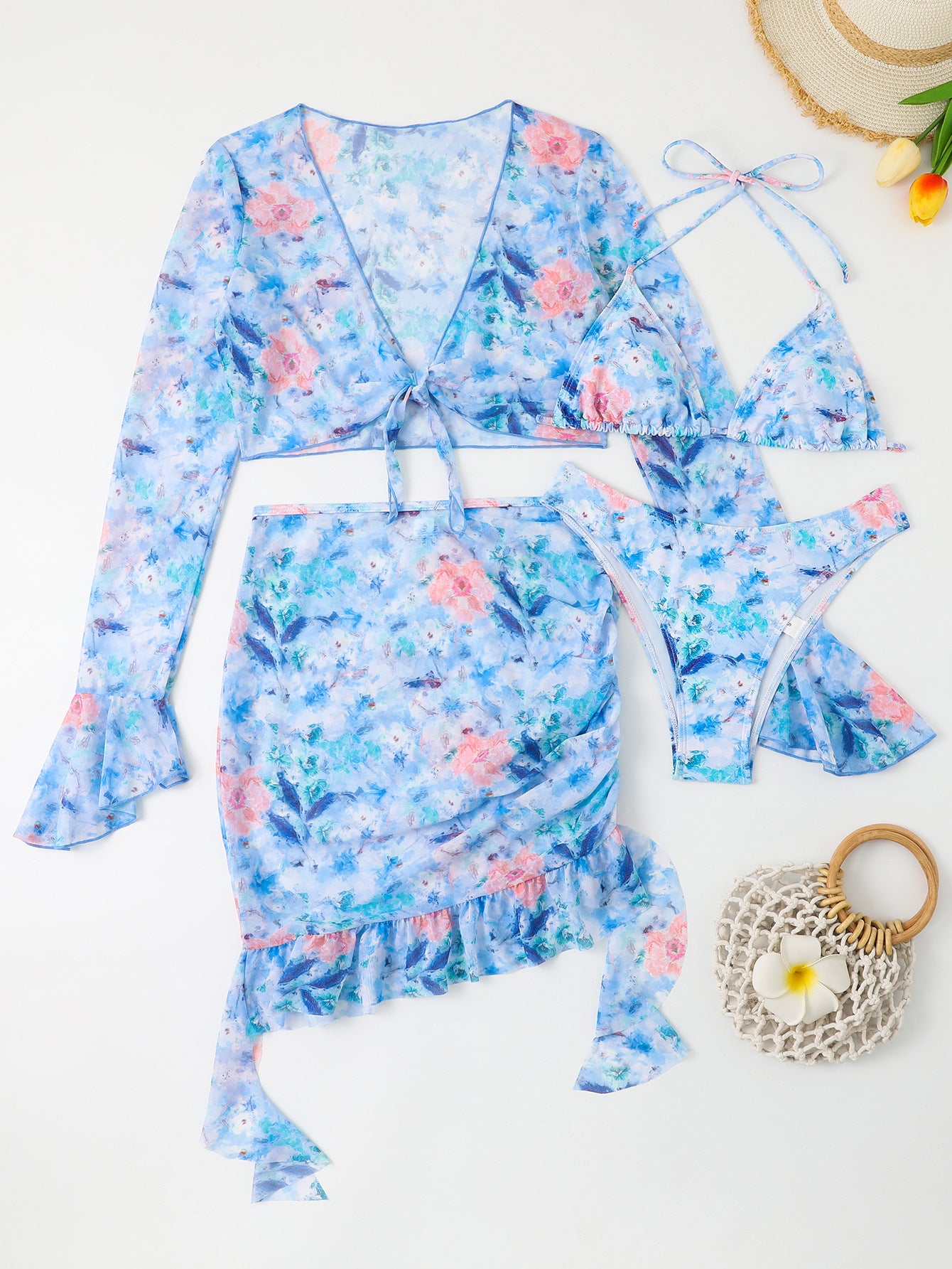 Four piece printed long sleeved hip hugging skirt