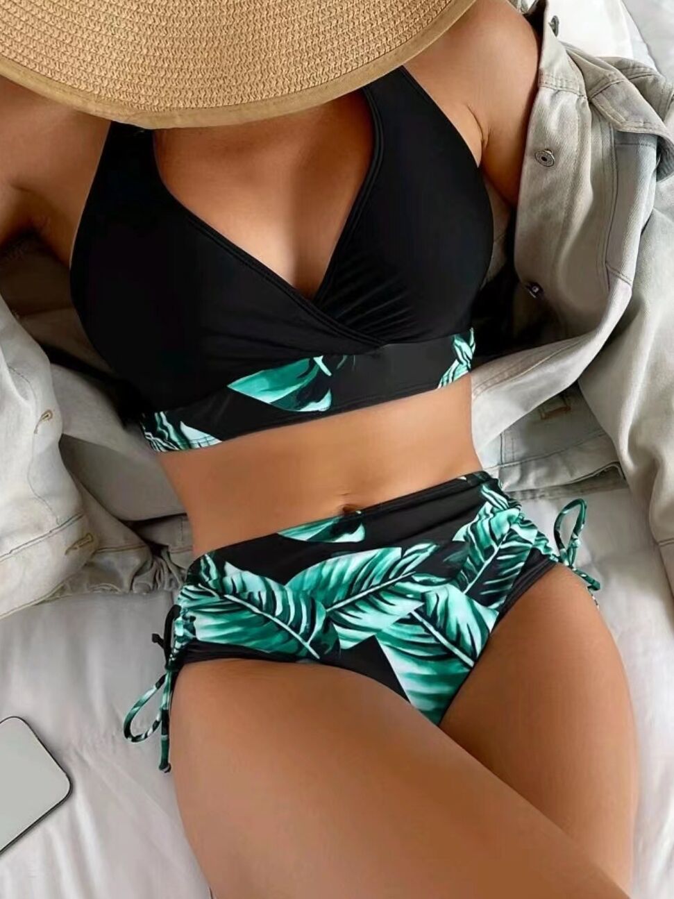 Split neck high waist backless bikini swimsuit for women