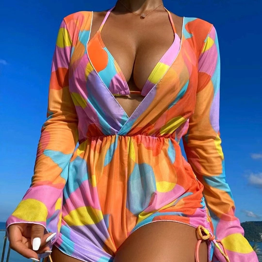 Jumpsuit long sleeved mesh hood bikini three piece swimsuit women's bikini