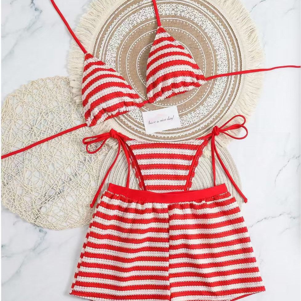 Stripe Knitted Separated Bikini Set with Briefs Three-Piece Swimwear
