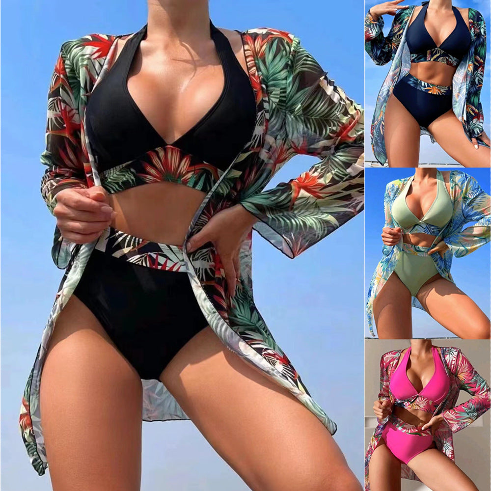 Swimsuit long sleeved draped veil top high waisted bikini three piece design