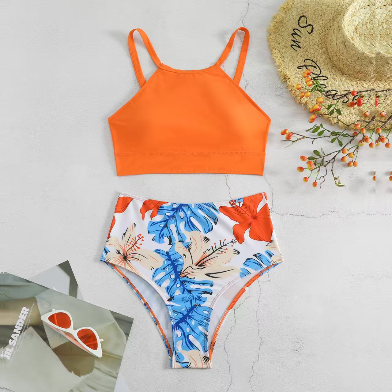 Sexy High-Neck Two-Piece Bikini Swimwear for Women, High-Waisted Printed Swimsuit