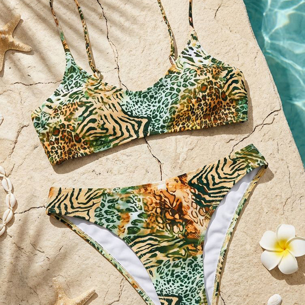 Colorful striped printed low waist sexy split bikini swimsuit for women