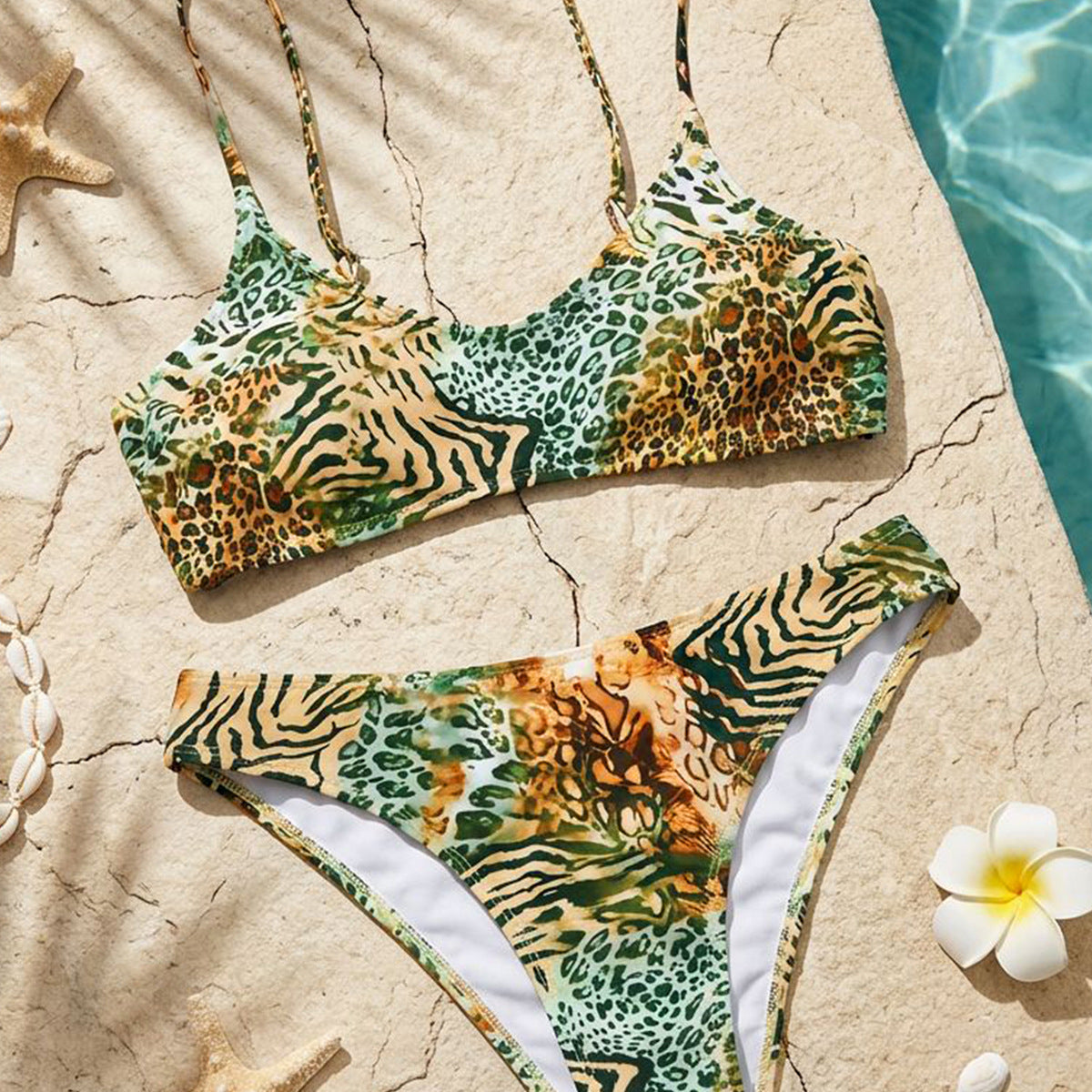Colorful striped printed low waist sexy split bikini swimsuit for women