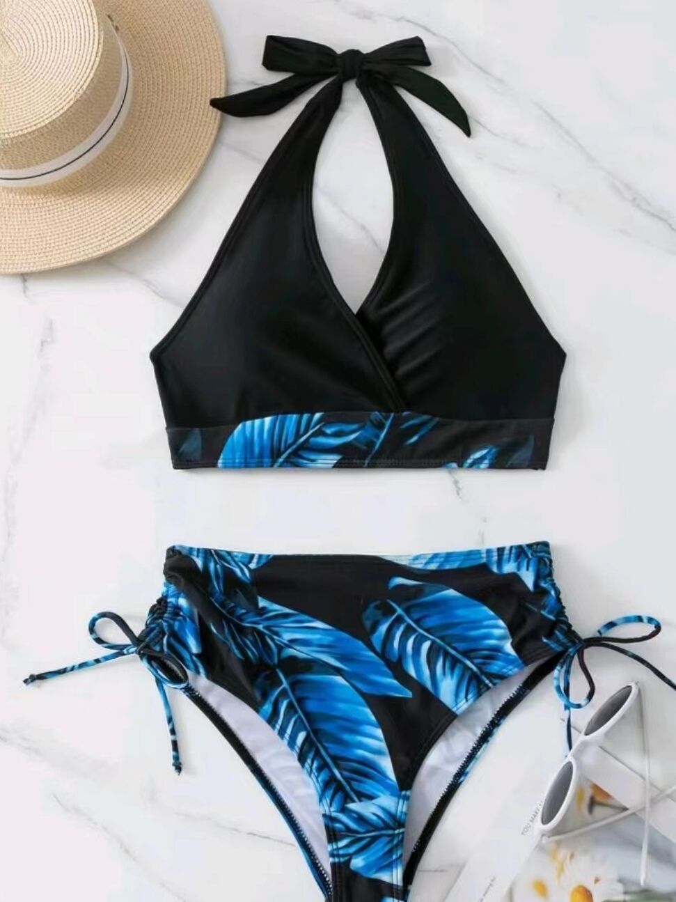 Split neck high waist backless bikini swimsuit for women