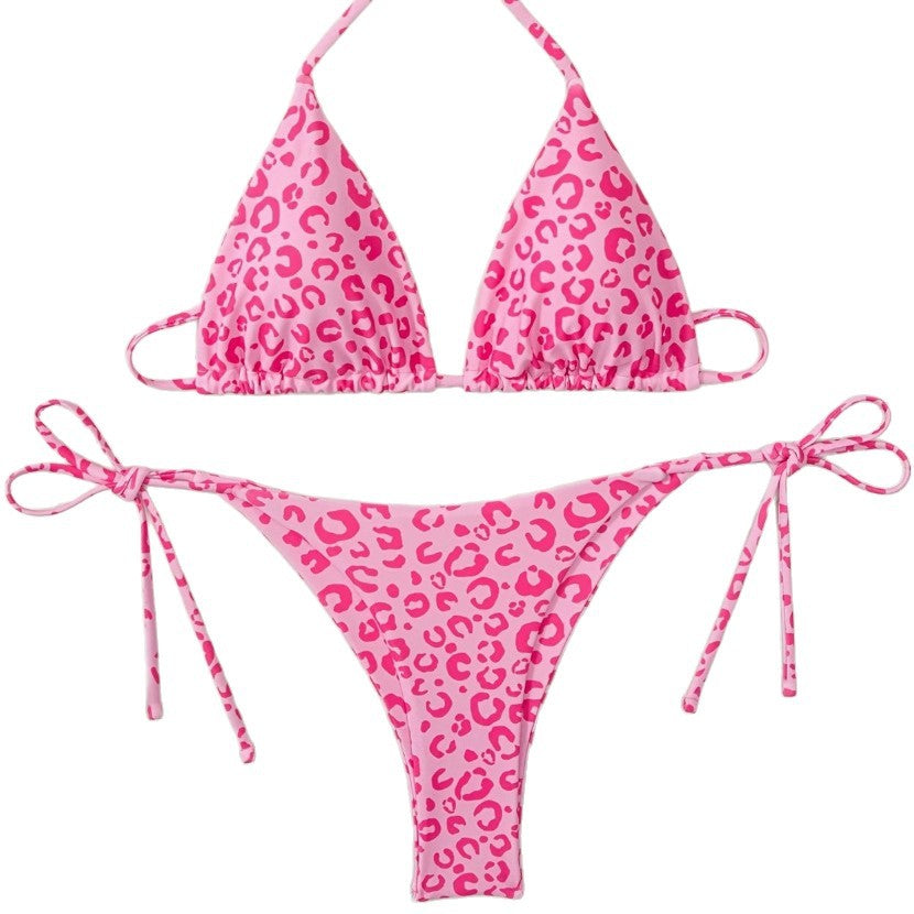 Pink Leopard Print Bikini Set for Women, Halter Neck Two-Piece Swimsuit with Elegant Design