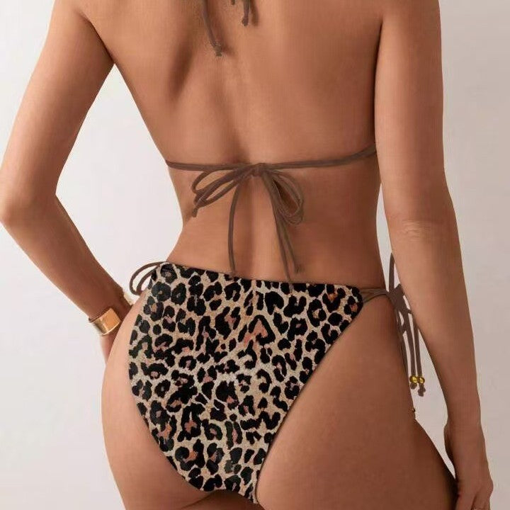 Sexy Leopard Print Bikini Swimwear Women's Halter Strappy Two-Piece Swimsuit