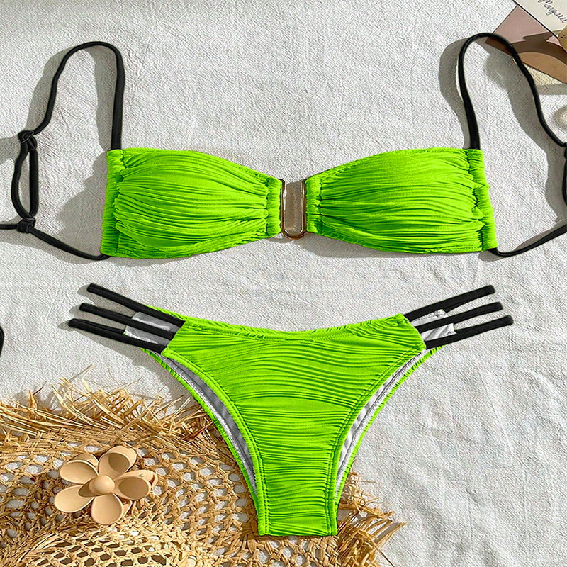 Sexy Solid Color Strapless U-Neck Cutout Bikini Swimwear