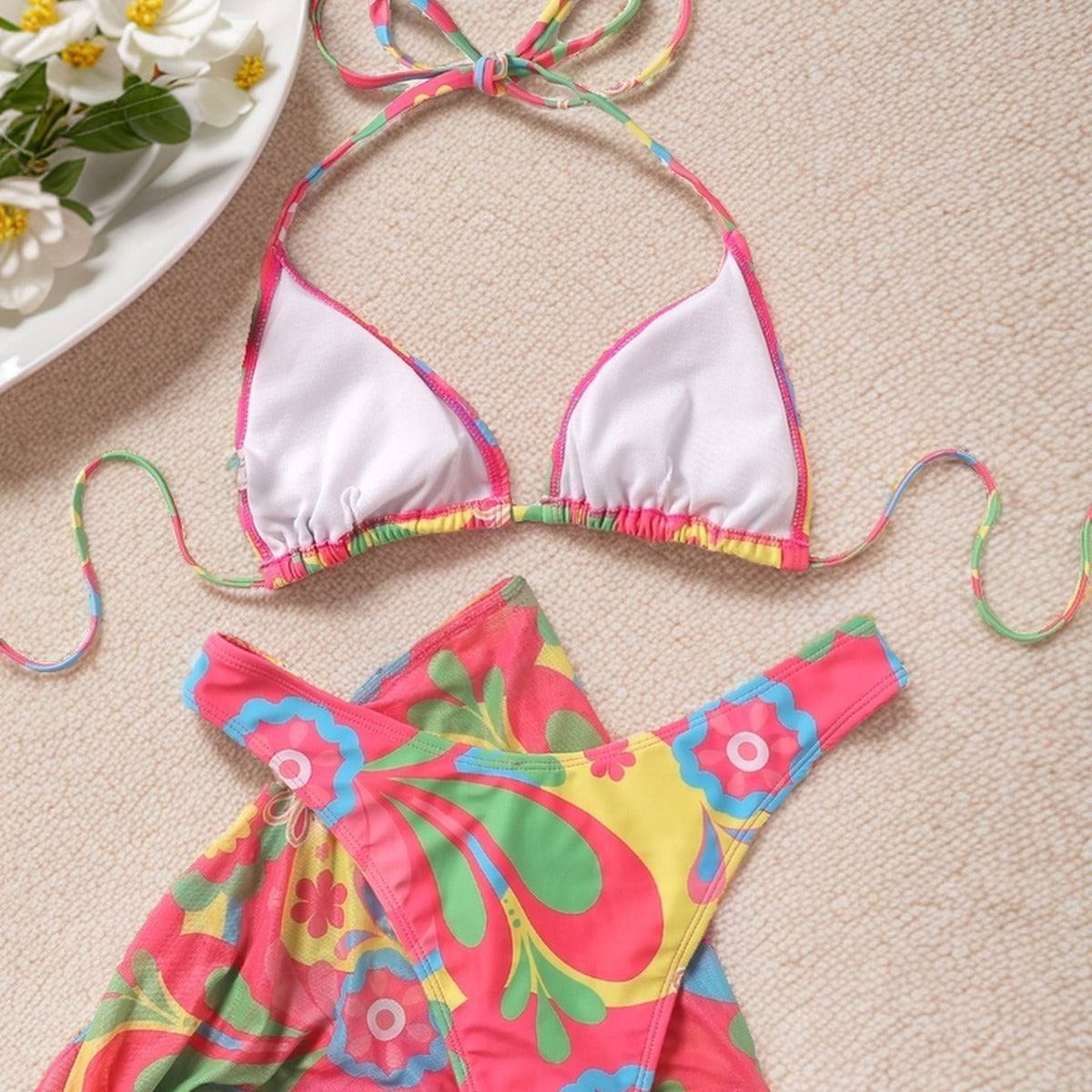Printed triangular cup tie bikini three piece swimsuit set