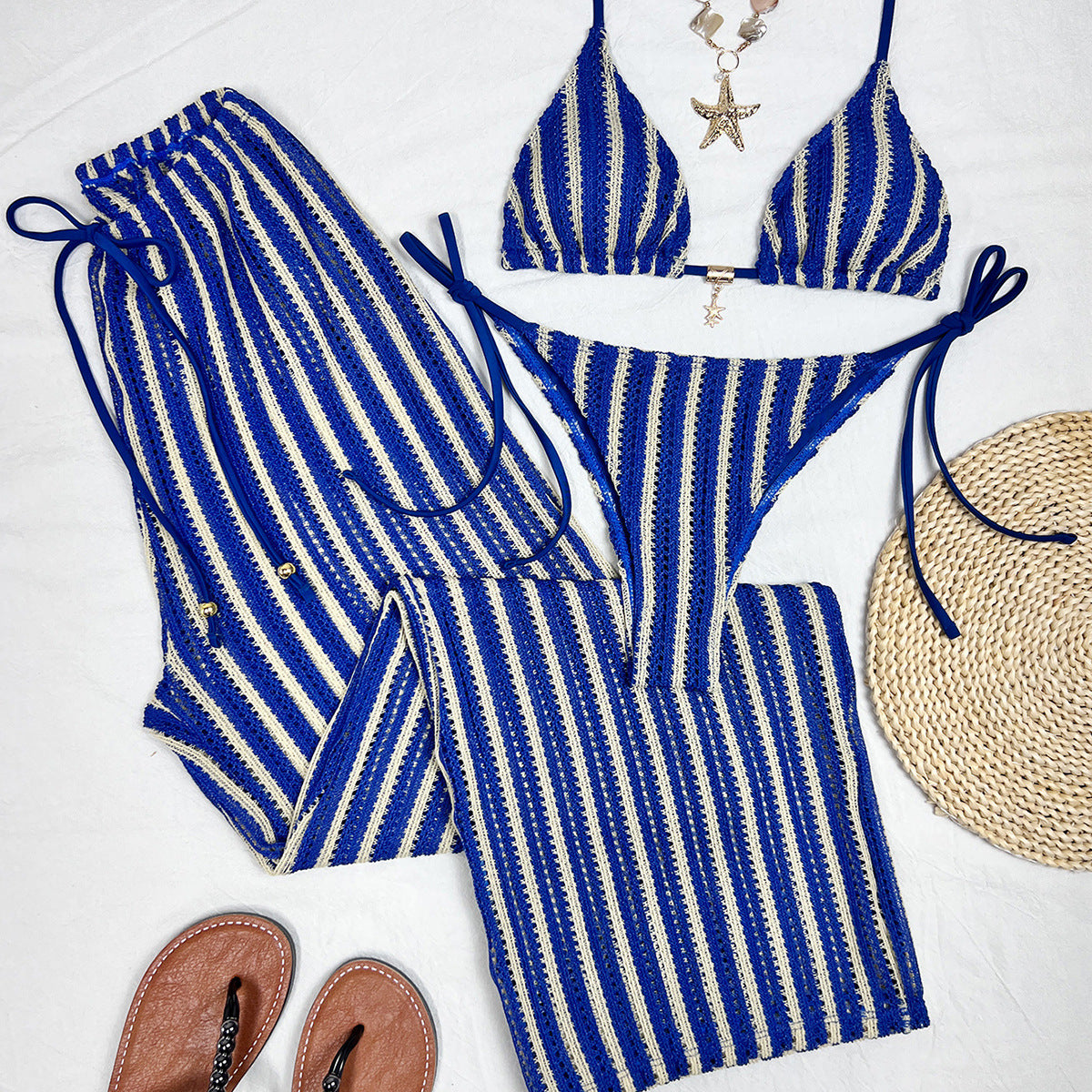 Color blocked strap sexy split pants three piece swimsuit