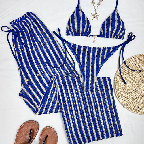 Color blocked strap sexy split pants three piece swimsuit