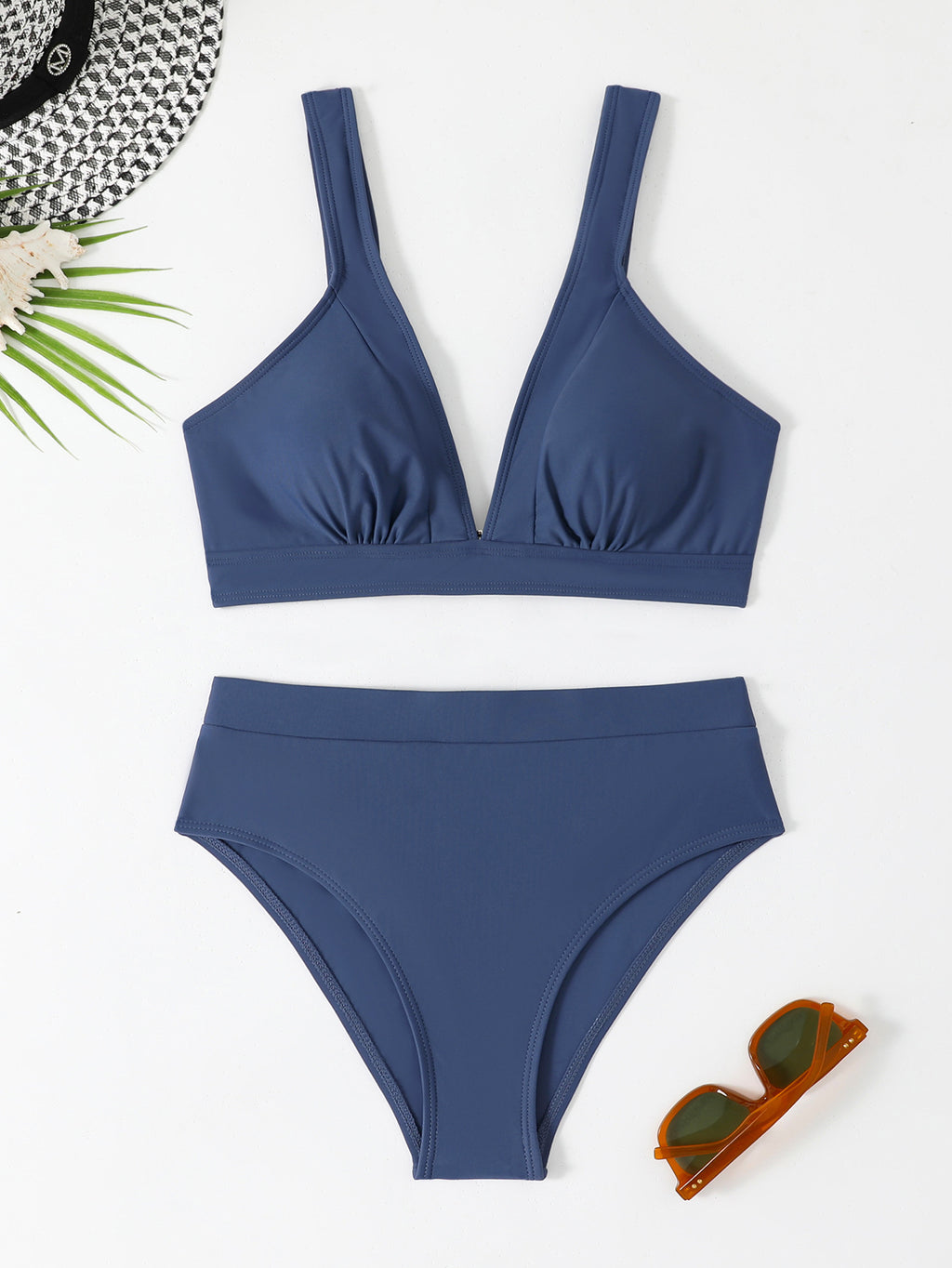 Split high waisted solid color bikini