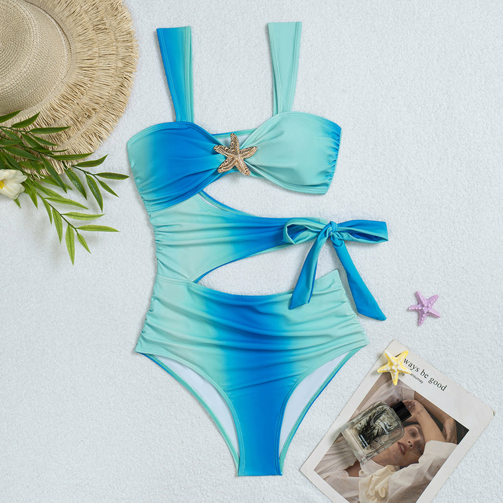 Gradient thick shoulder strap waist hollow lace up one-piece bikini swimsuit for women