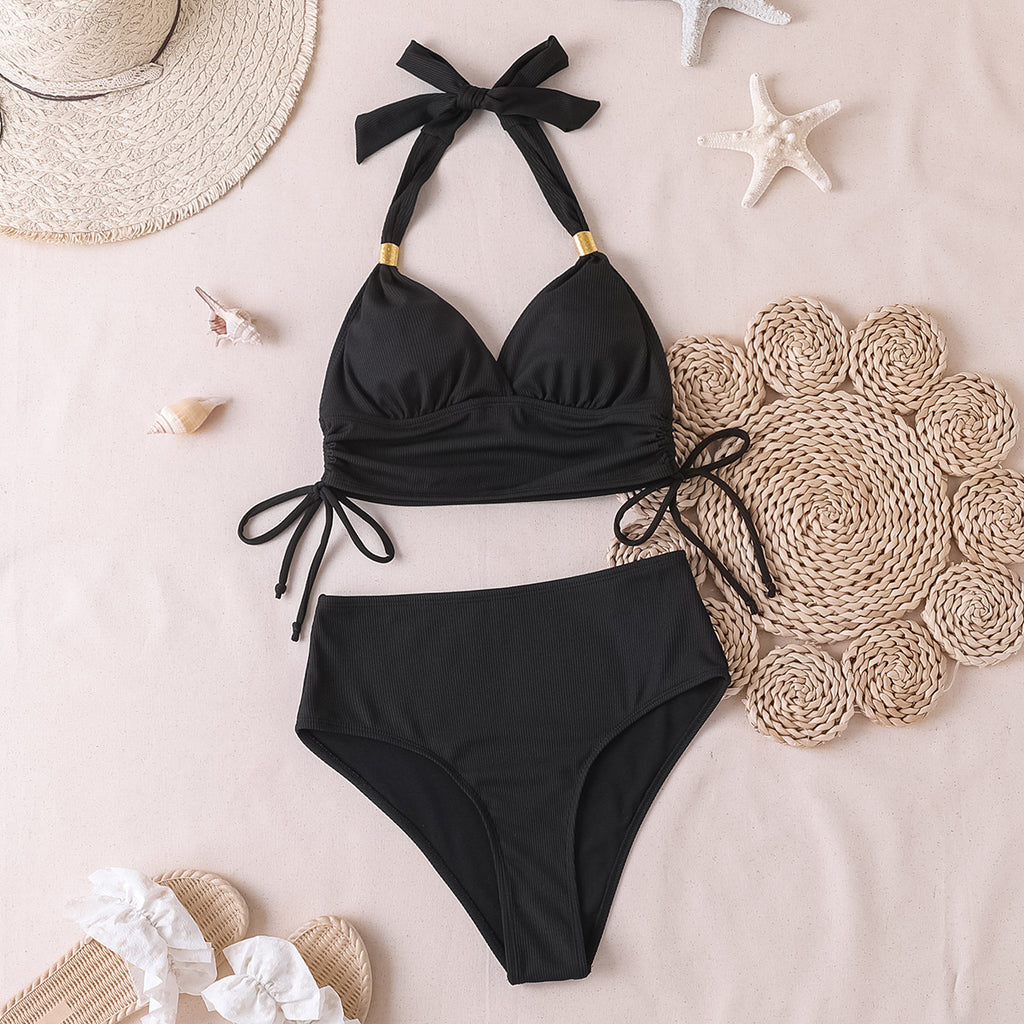 Solid Color Tie-Up Drawstring Split Bikini Swimsuit