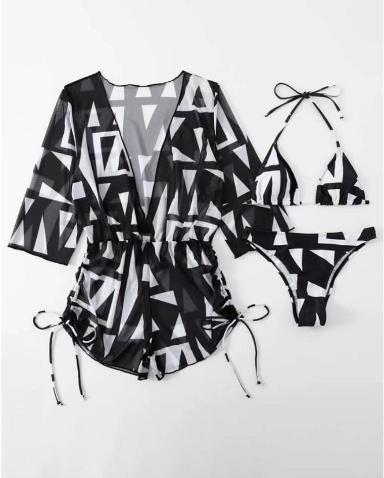 Printed Bikini Sunscreen Outer Mesh Three Piece Swimsuit Bikini