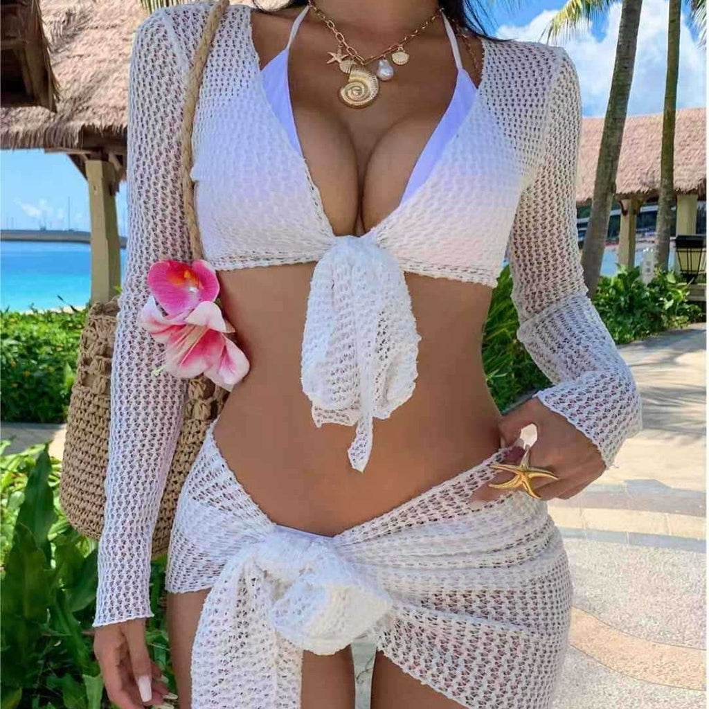 Long Sleeve Mesh Bikini Set with Hollow-Out Design, Four-Piece Separated Swimwear