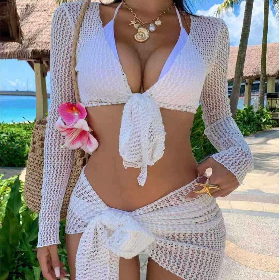 Long Sleeve Mesh Bikini Set with Hollow-Out Design, Four-Piece Separated Swimwear