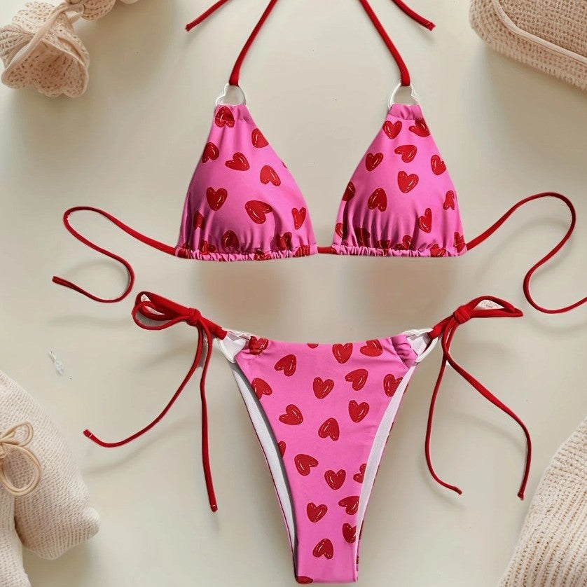 sexy two-piece swimsuit for women, backless halter neck tied bikini with print triangle bikini