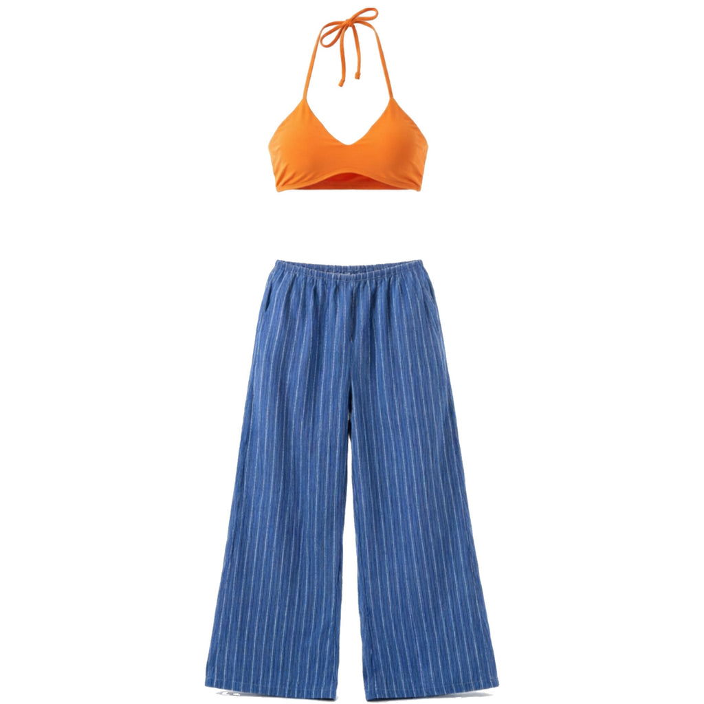 High waisted wide leg long pants women's contrasting color women's swimsuit three piece set