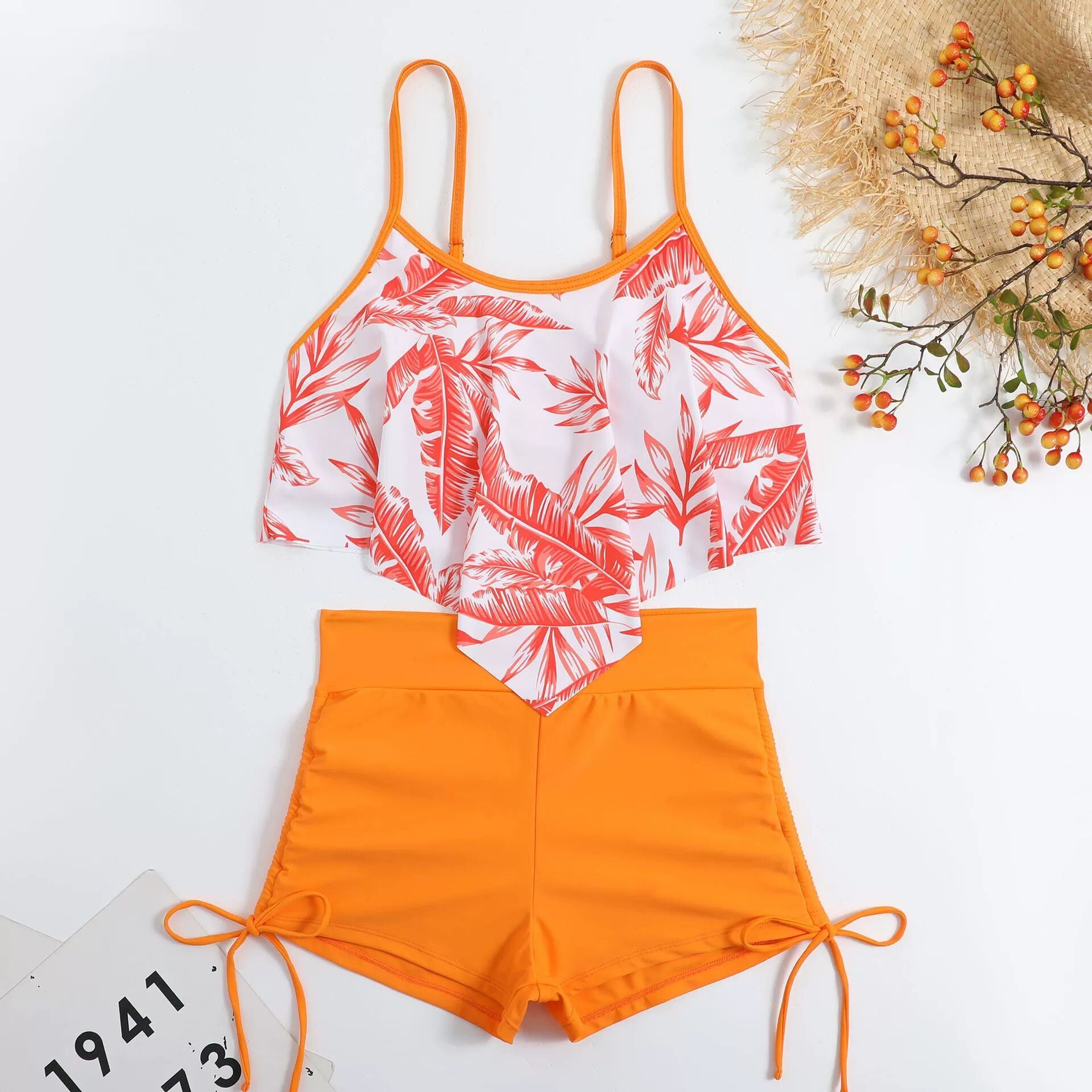 Split high waisted ruffled edge drawstring bikini swimsuit