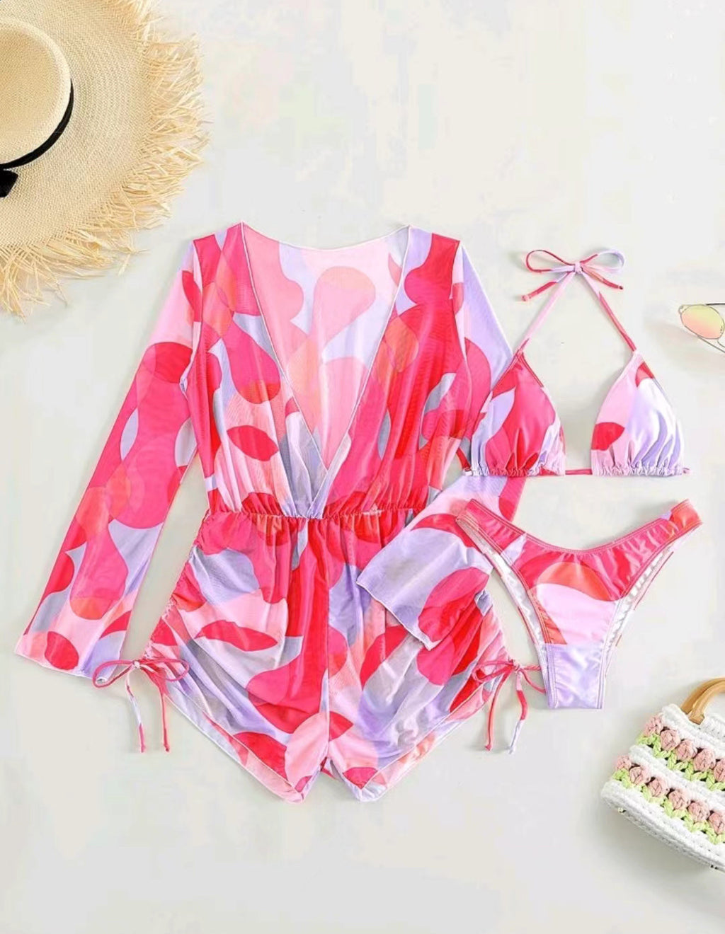 Jumpsuit long sleeved mesh hood bikini three piece swimsuit women's bikini