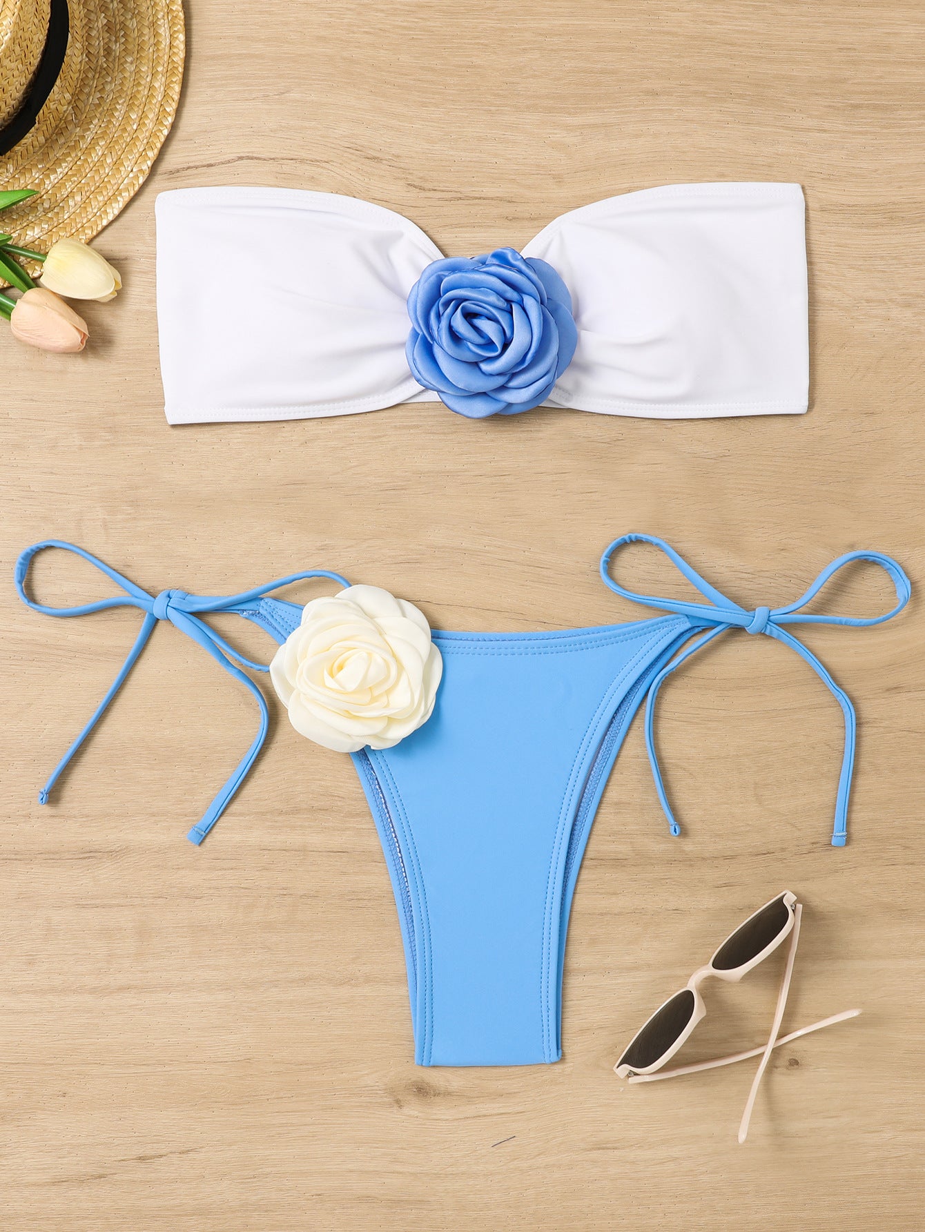 Color blocking 3D floral bikini split strapless lace up swimsuit