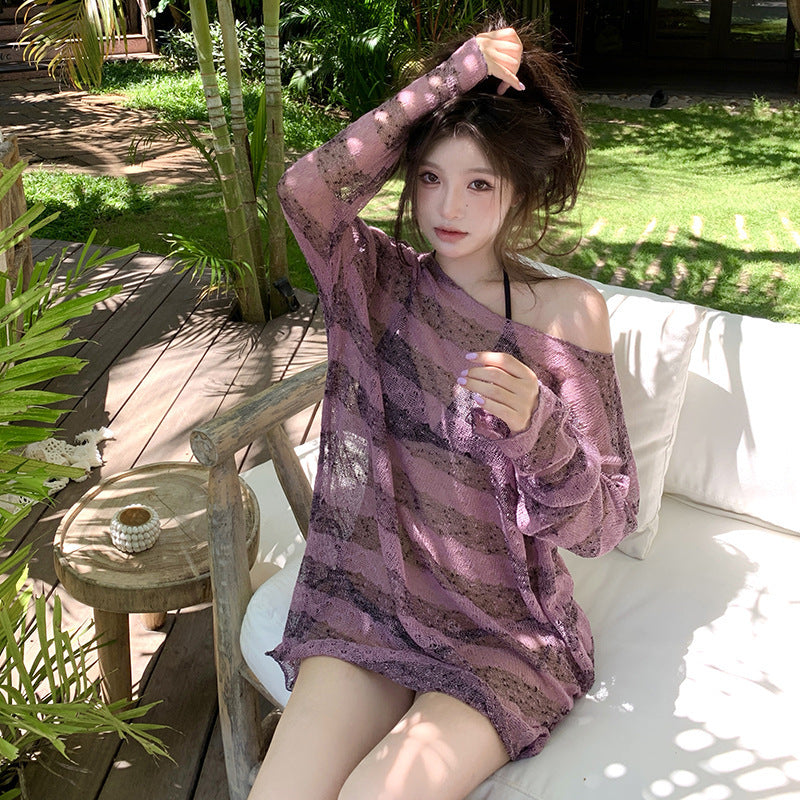Lazy Loose Striped Cover-Up Black Bikini Beach Vacation Sexy Swimwear for Women
