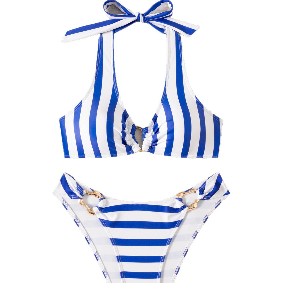 Blue and white striped neck hanging bikini sexy triangle cup