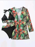 Swimsuit long sleeved draped veil top high waisted bikini three piece design