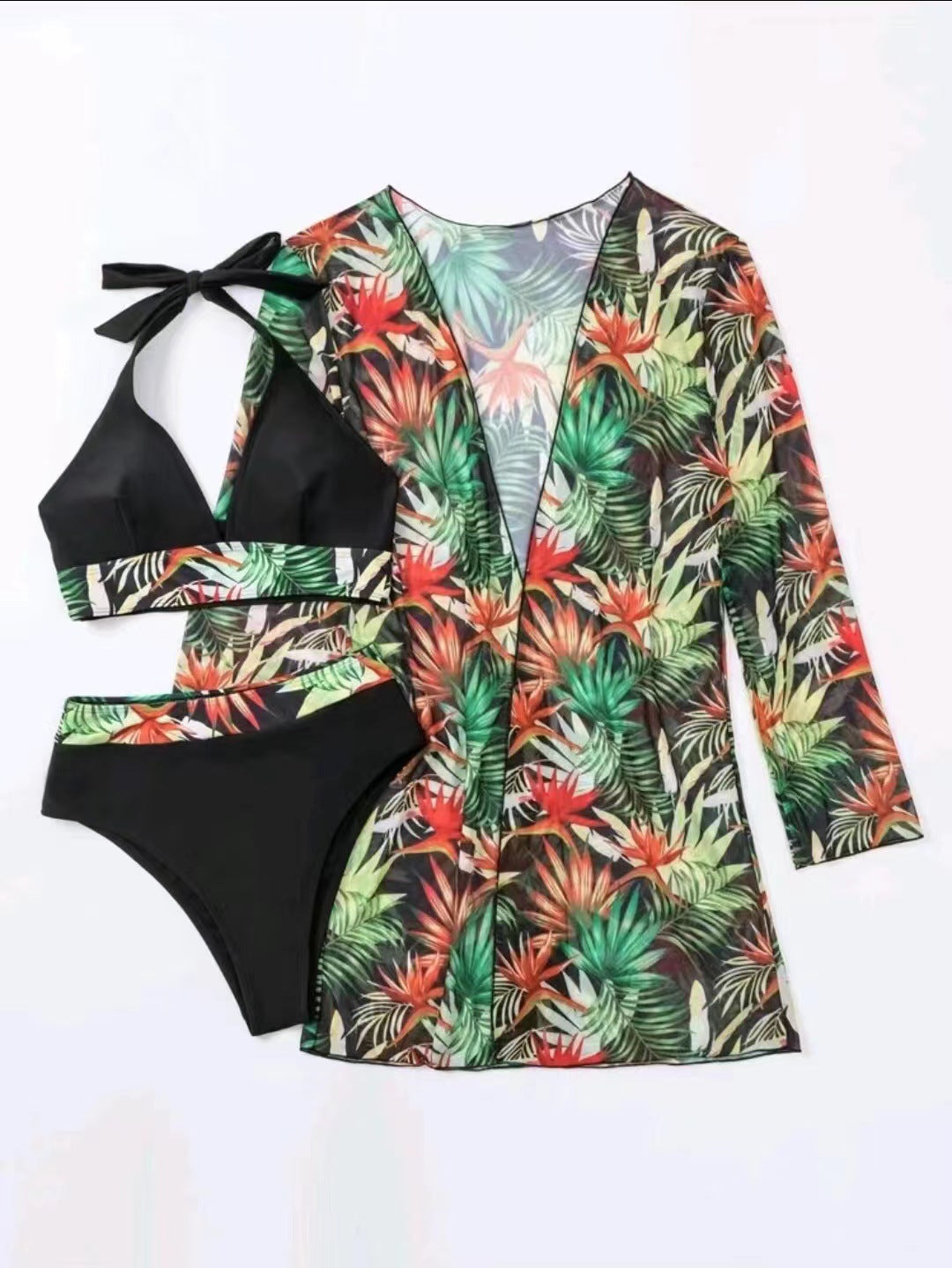 Swimsuit long sleeved draped veil top high waisted bikini three piece design