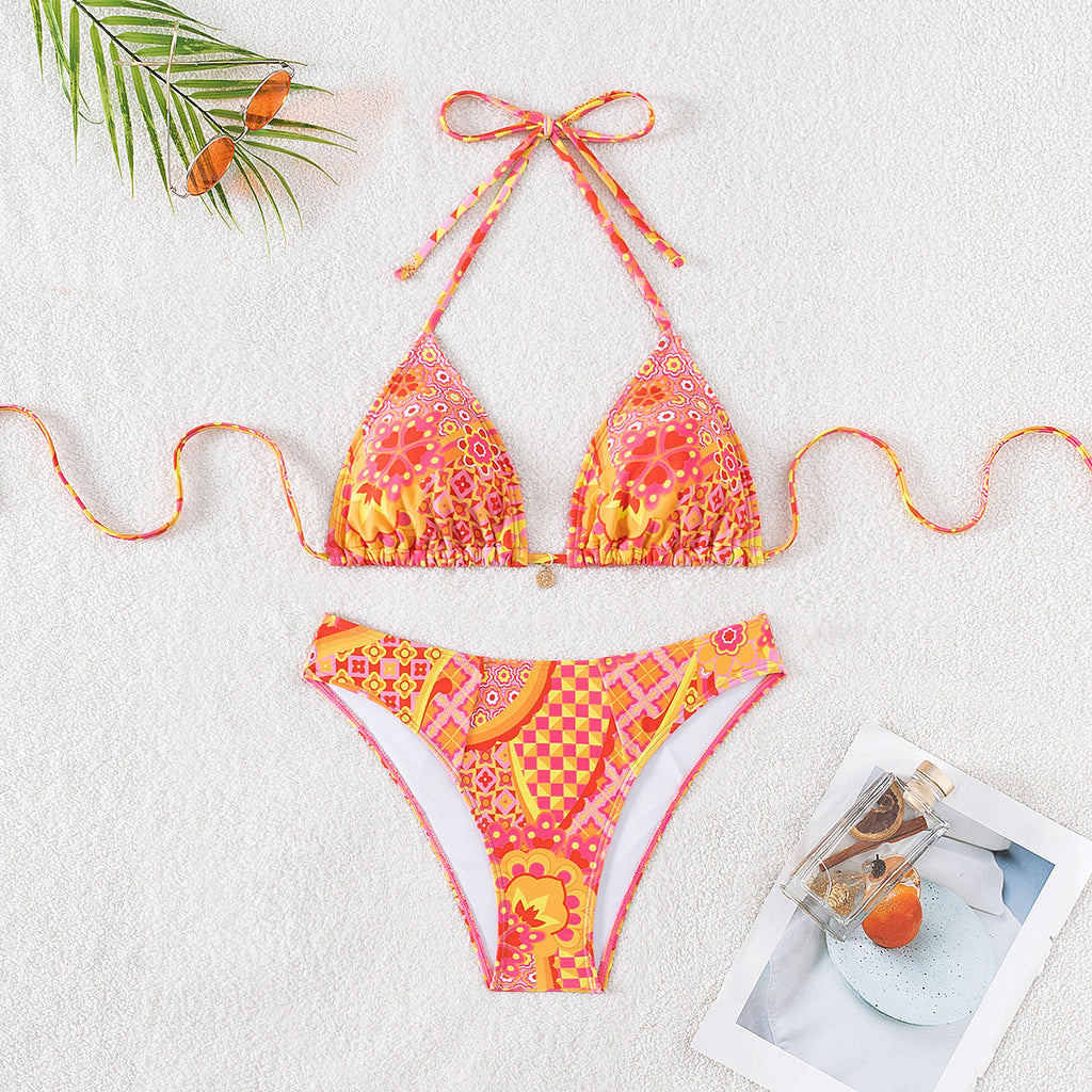 Seaside printed strap low waist sexy split swimsuit
