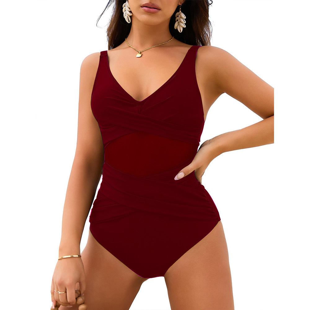 Solid color mesh splicing one-piece swimsuit