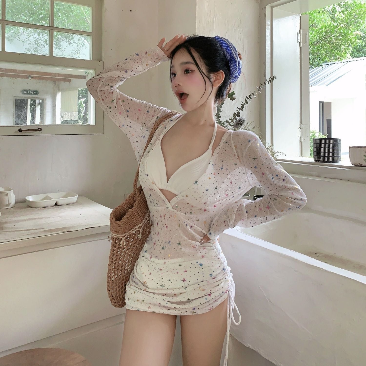 Cute Girl Star Print Long Sleeve Cover-Up Separated Bikini Three-Piece Swimsuit for Small Bust