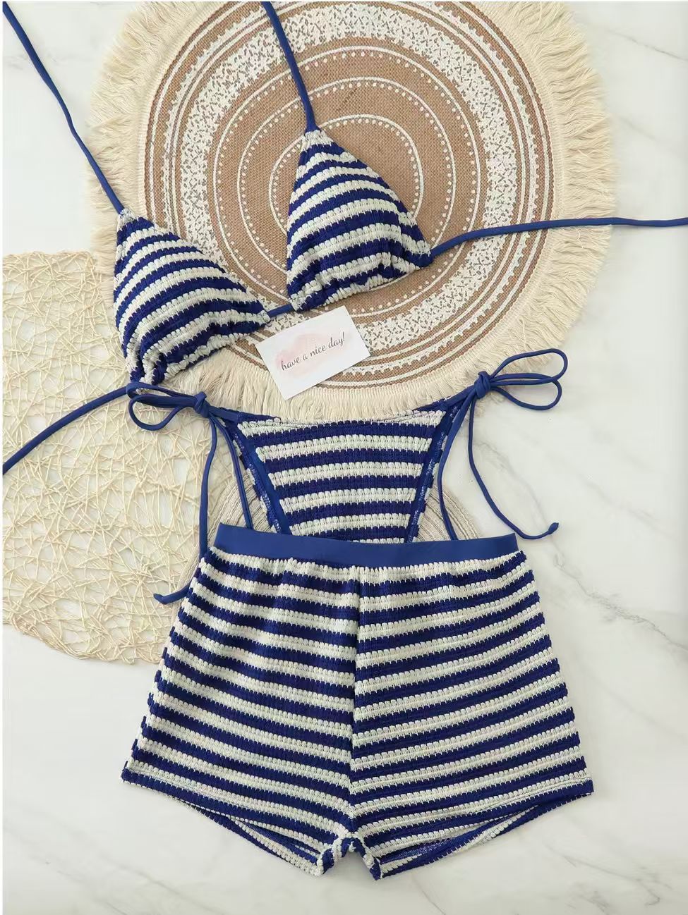 Stripe Knitted Separated Bikini Set with Briefs Three-Piece Swimwear