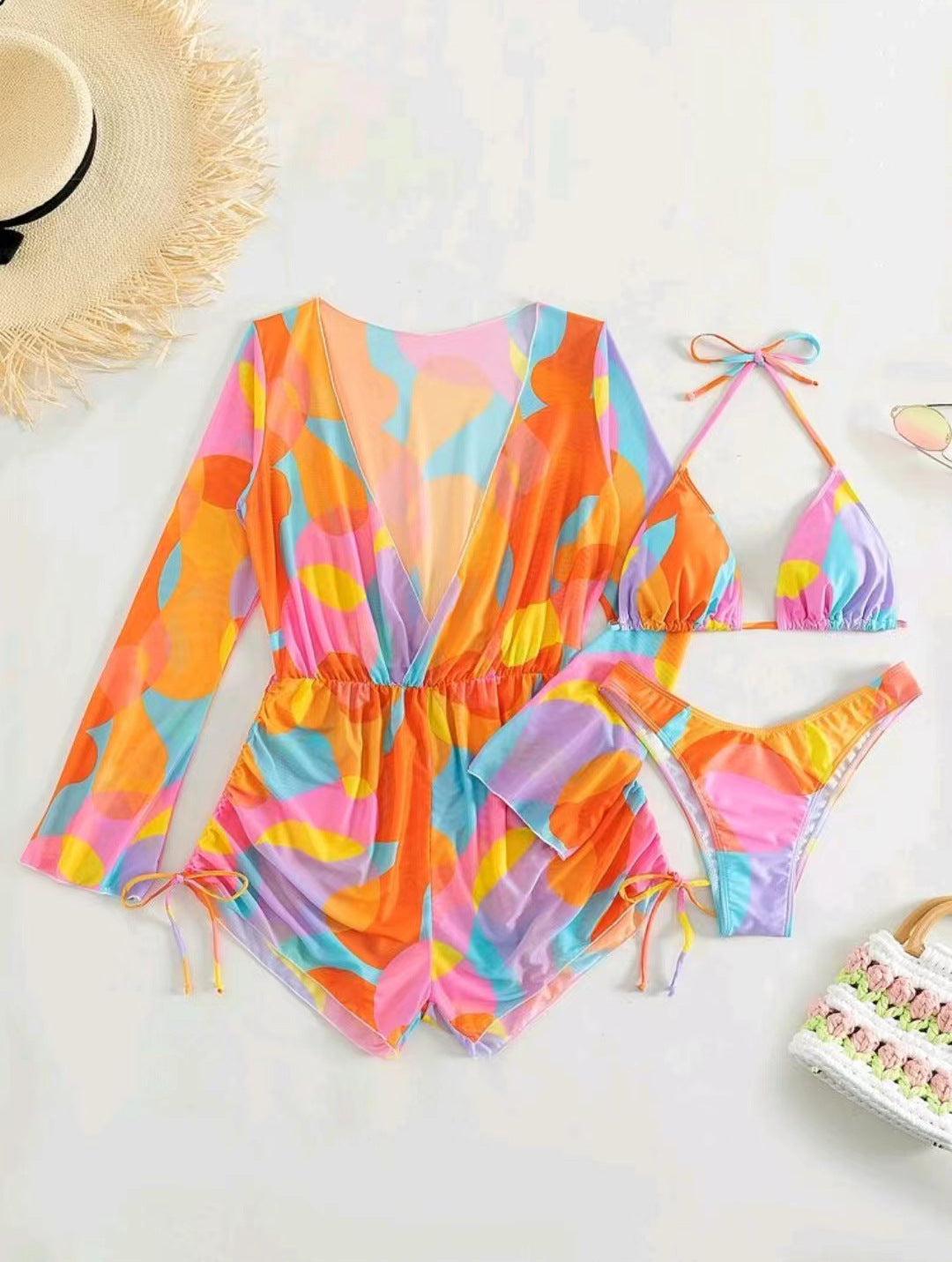 Jumpsuit long sleeved mesh hood bikini three piece swimsuit women's bikini