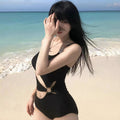 Hollow-Out Bikini Swimwear for Women, Black, Small Bust Enhancing, One-Piece