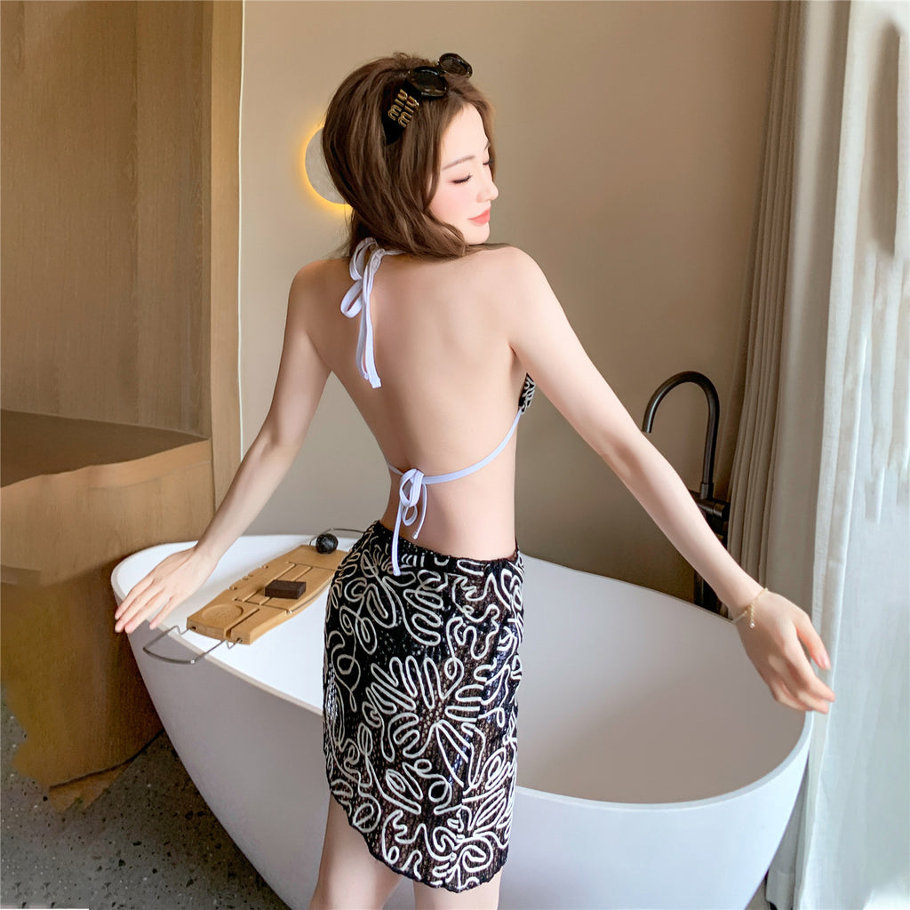 Mesh three piece women's swimsuit sexy strap hot spring