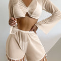 Solid color sexy mesh long sleeved tassel shorts two-piece swimsuit