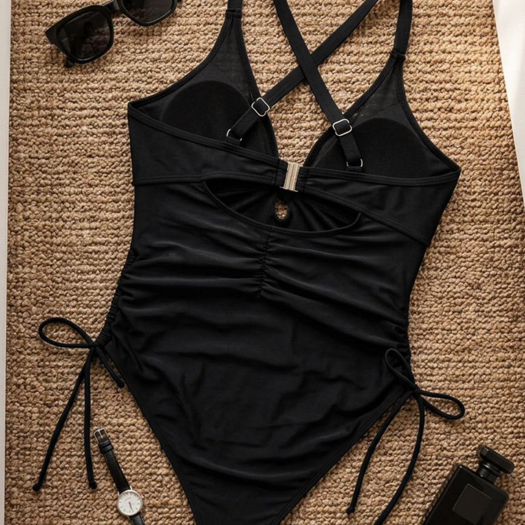Solid color hollow one-piece drawstring bikini swimsuit for women