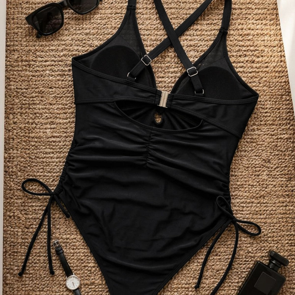Solid color hollow one-piece drawstring bikini swimsuit for women