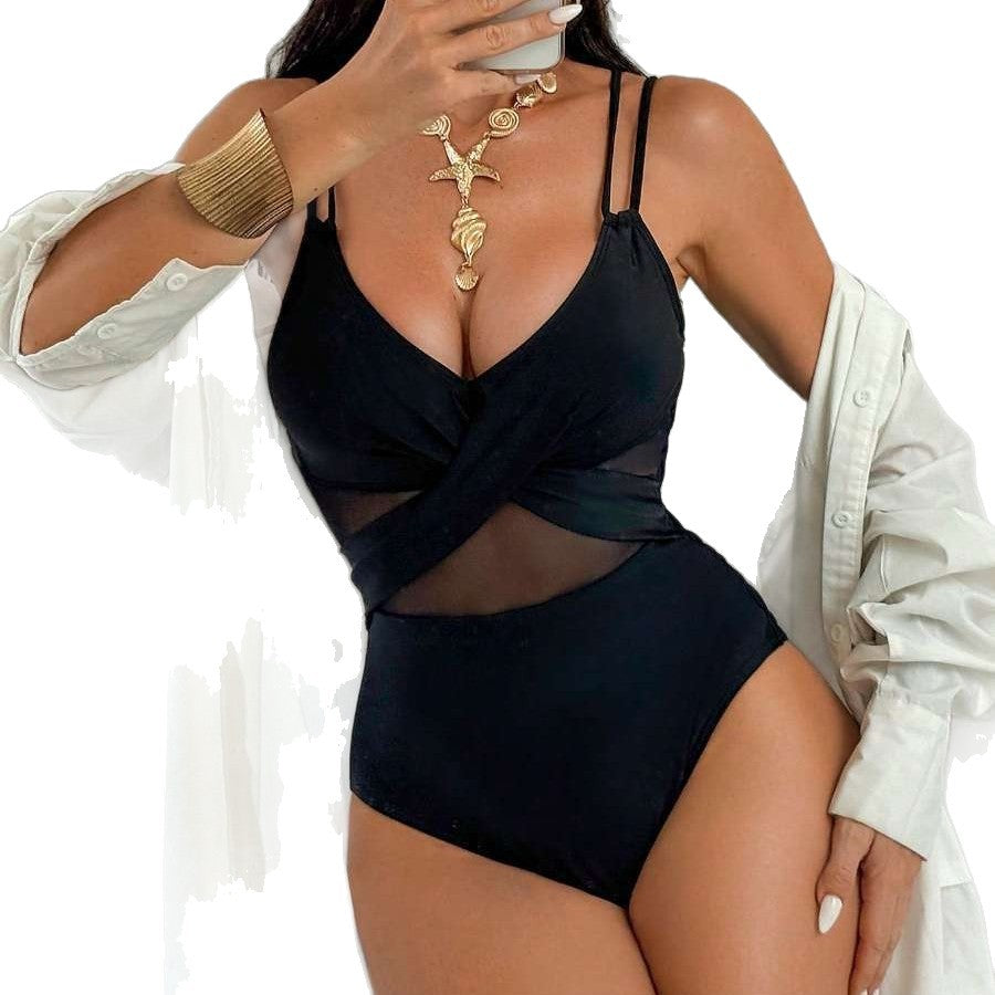 Black Mesh Spliced One-Piece Swimsuit