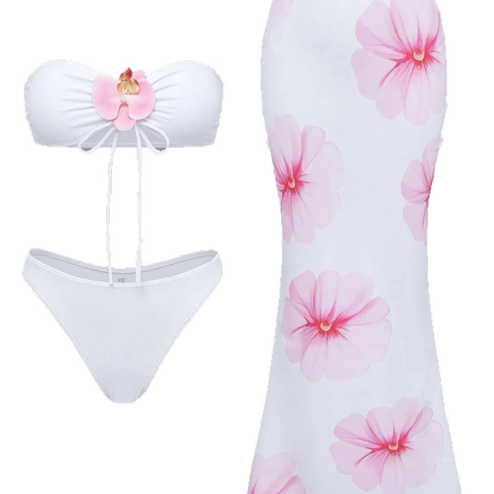 Large Floral Strapless Three-Piece Long Skirt Swimsuit Bikini
