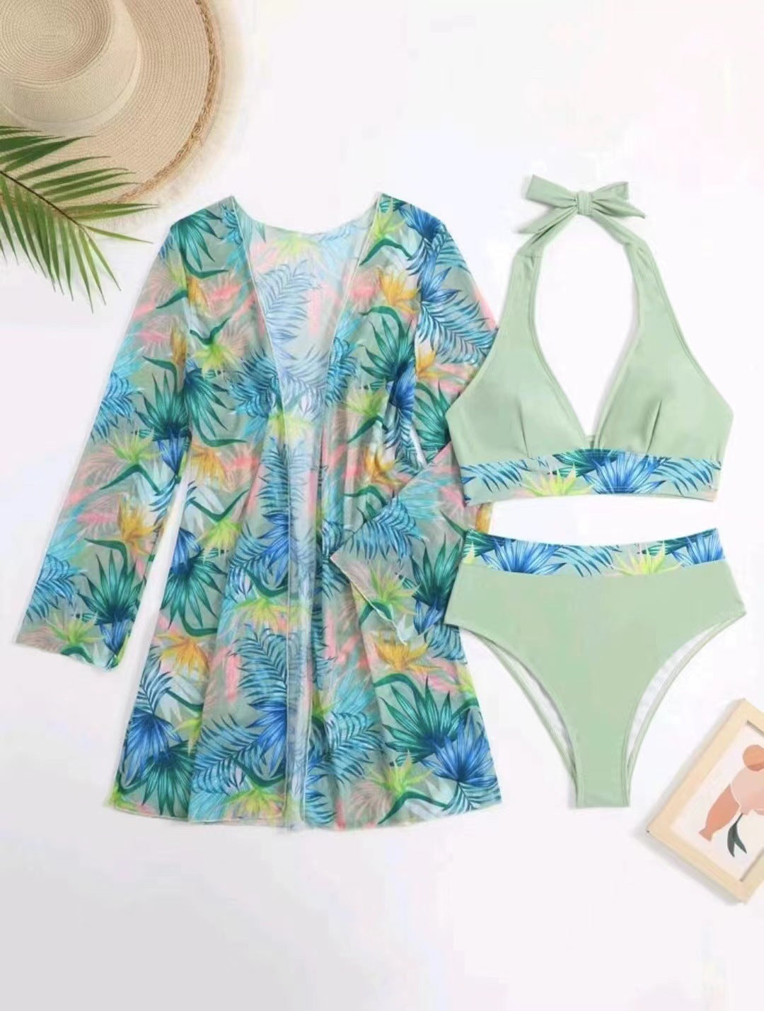 Swimsuit long sleeved draped veil top high waisted bikini three piece design