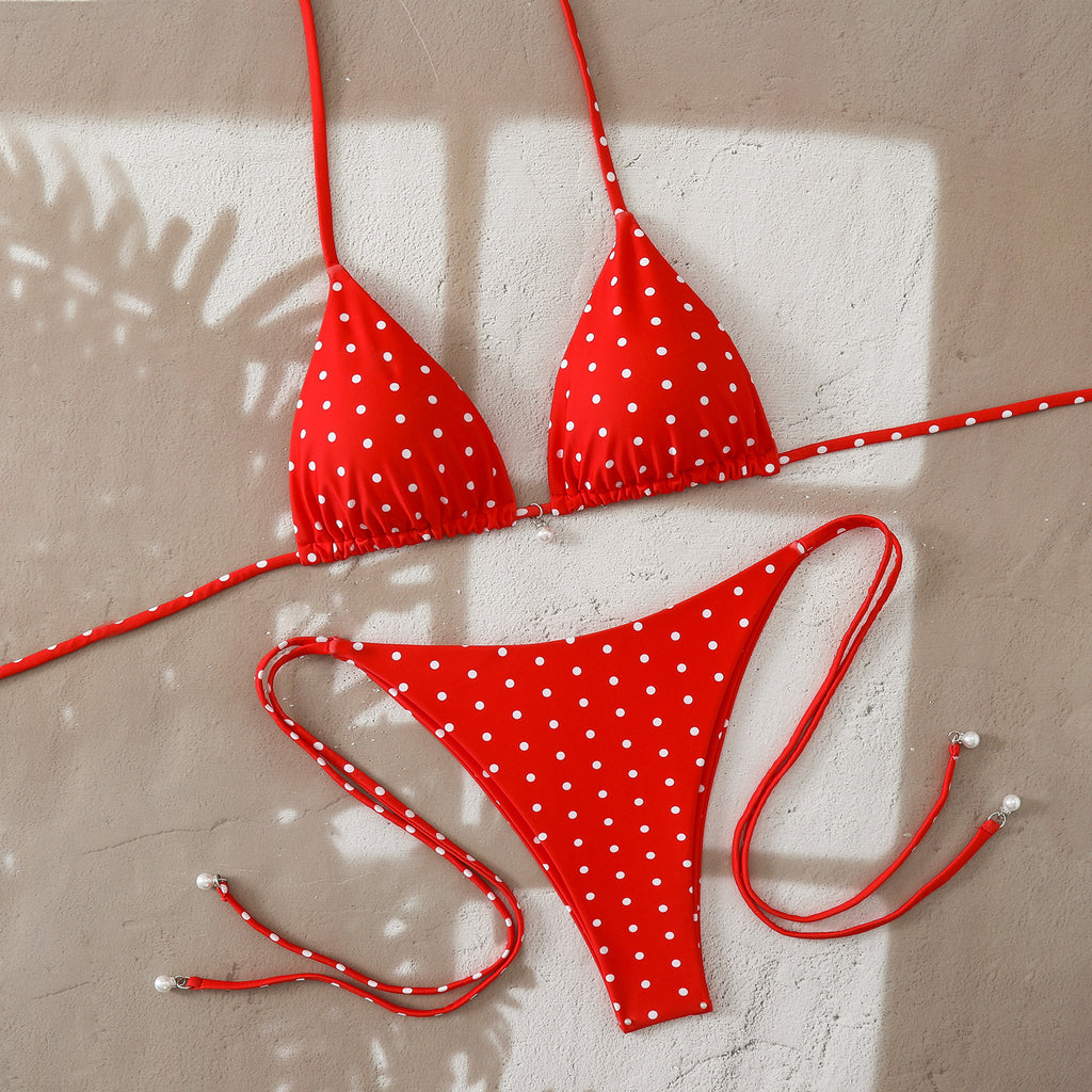 Fresh Dot Print, Strapless Halter Neck, Two-Piece Bikini Swimwear